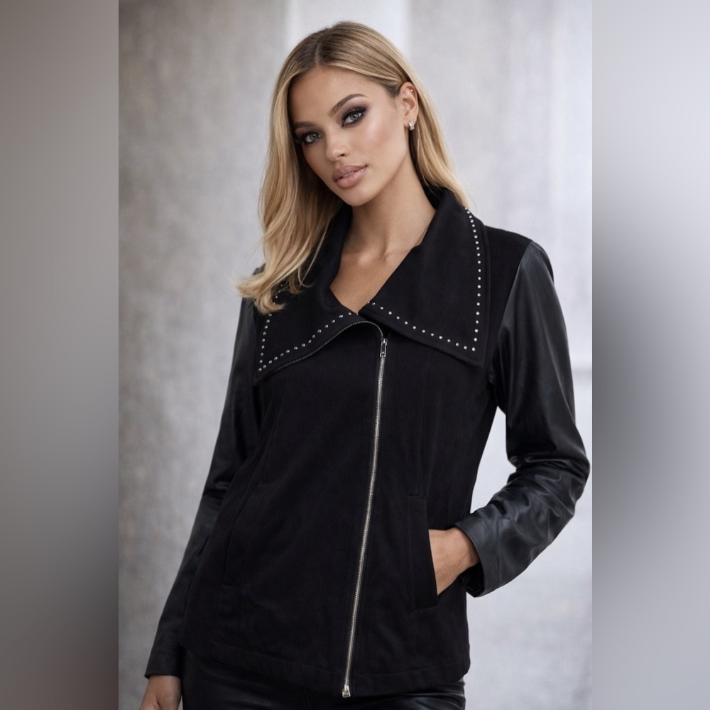 Black Studded Zip Jacket Faux Leather Sleeves XL – Chic Edgy Style